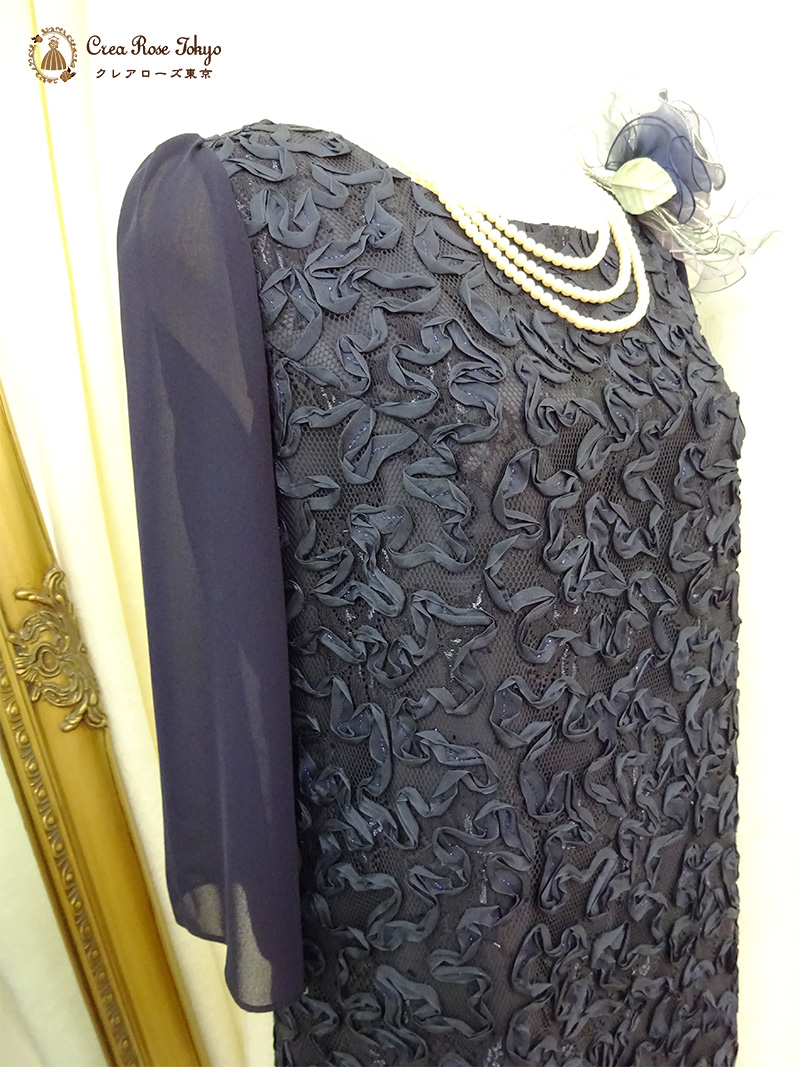 40代50代【カリーセルラネイビー】清楚で上品なネイビーの袖付きワンピースドレス、叔母様、祖母様人気ドレス