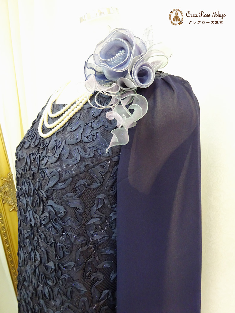 40代50代【カリーセルラネイビー】清楚で上品なネイビーの袖付きワンピースドレス、叔母様、祖母様人気ドレス