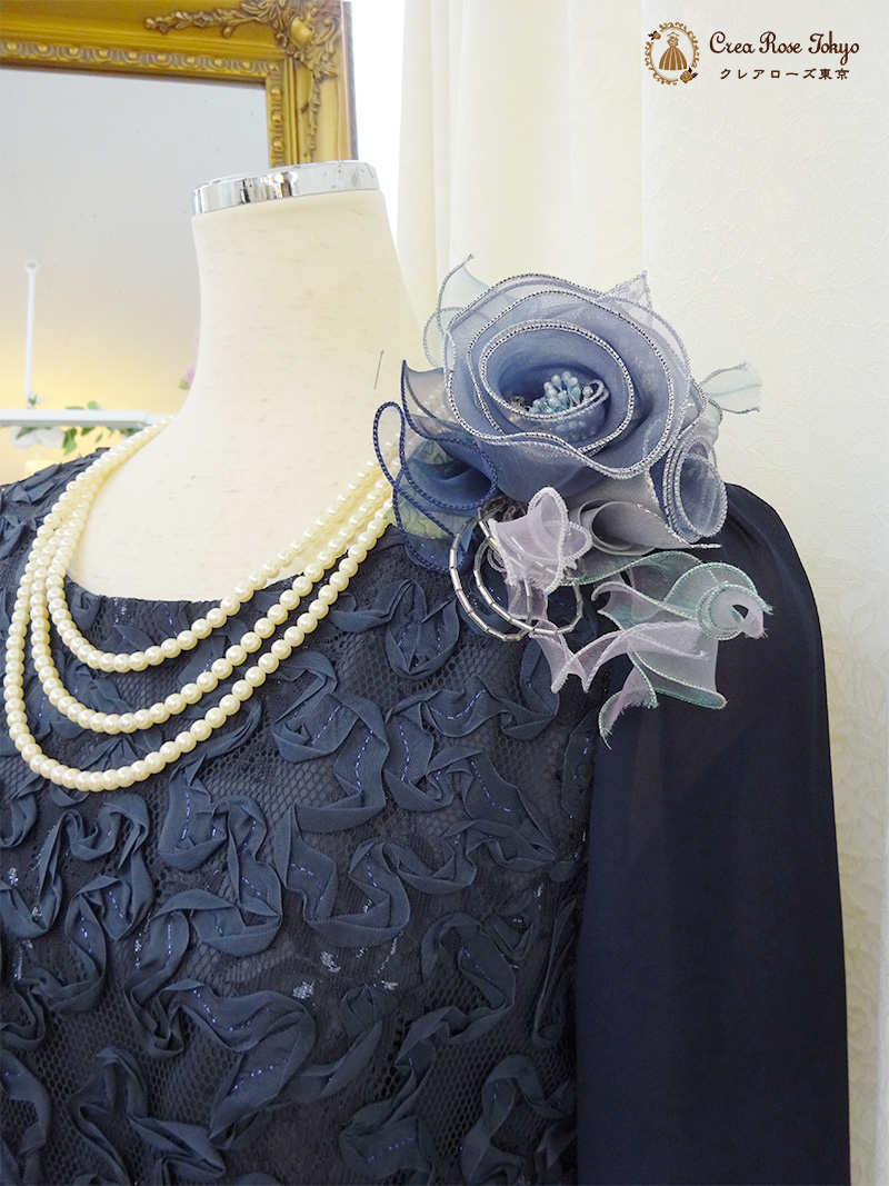 40代50代【カリーセルラネイビー】清楚で上品なネイビーの袖付きワンピースドレス、叔母様、祖母様人気ドレス