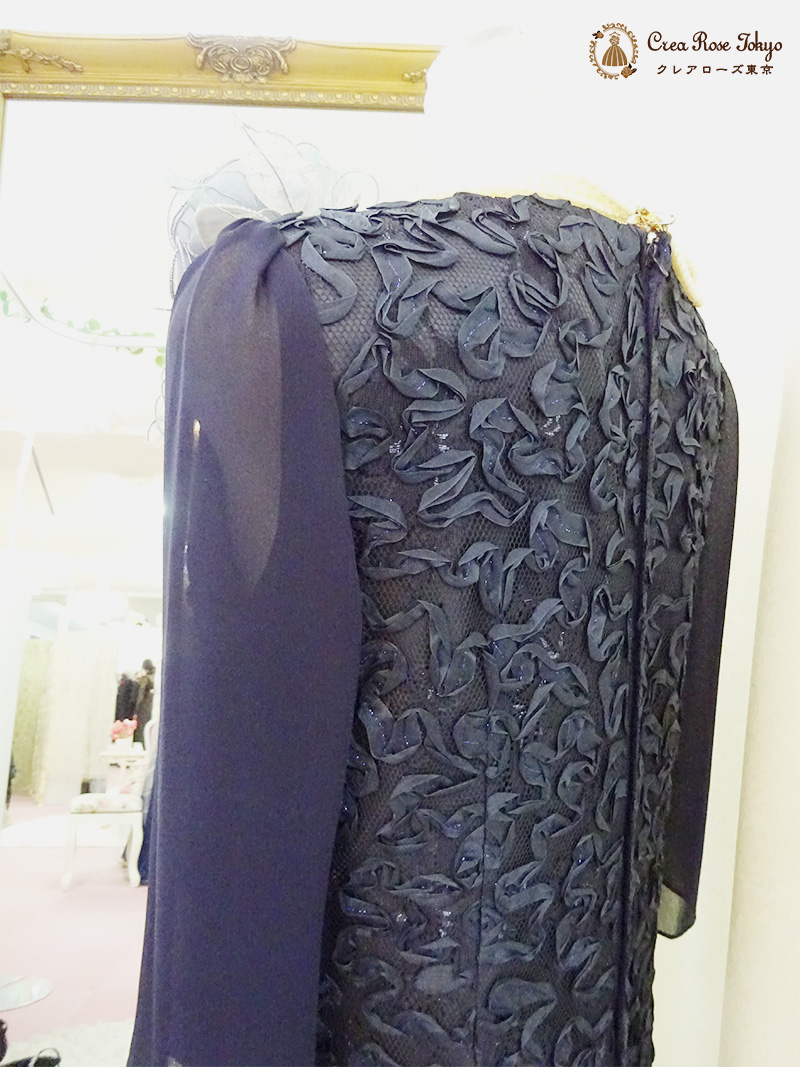 40代50代【カリーセルラネイビー】清楚で上品なネイビーの袖付きワンピースドレス、叔母様、祖母様人気ドレス