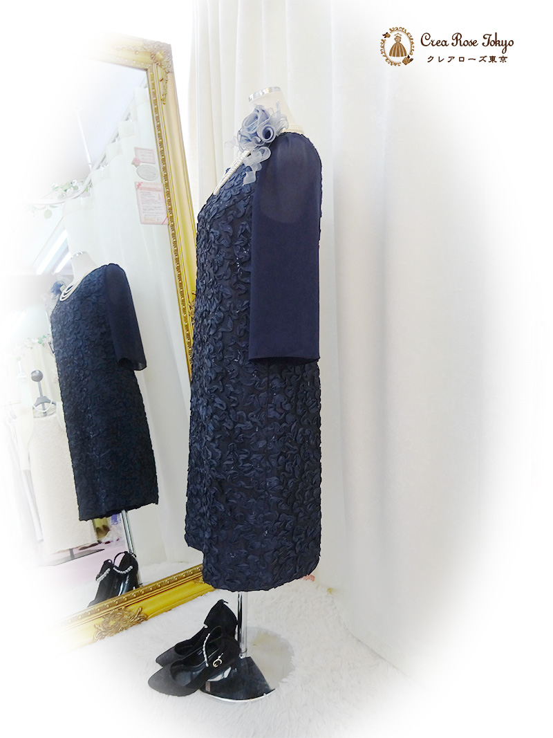 40代50代【カリーセルラネイビー】清楚で上品なネイビーの袖付きワンピースドレス、叔母様、祖母様人気ドレス