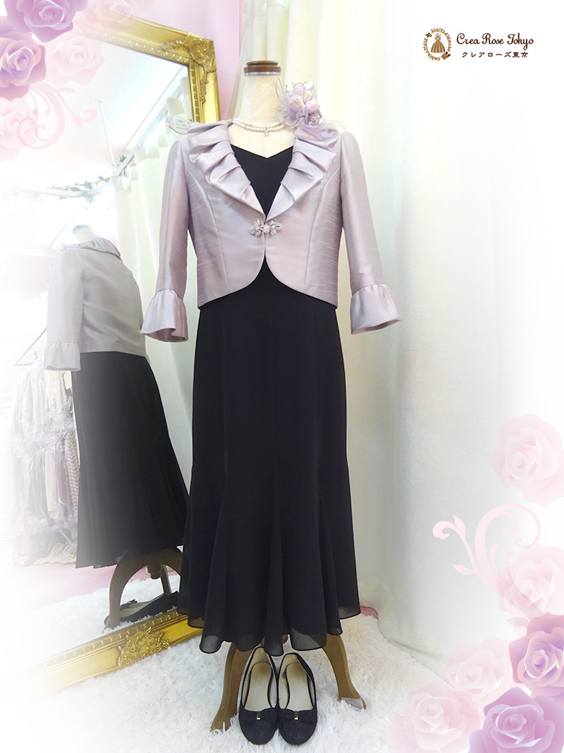襟元と裾に花が咲いたような憧れスタイル【クラリネットドレス+シリックラベンダージャケット】結婚式やパーティーのお母様・おばあ様に