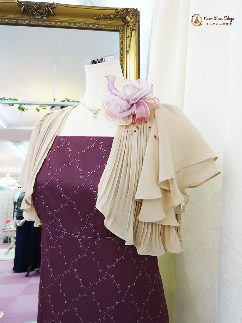 秋冬におすすめのコーディネート2点セット【ルーシーアンヌドレス＋エレガーナボレロ】ワインカラーの大人可愛いご親族様ドレス