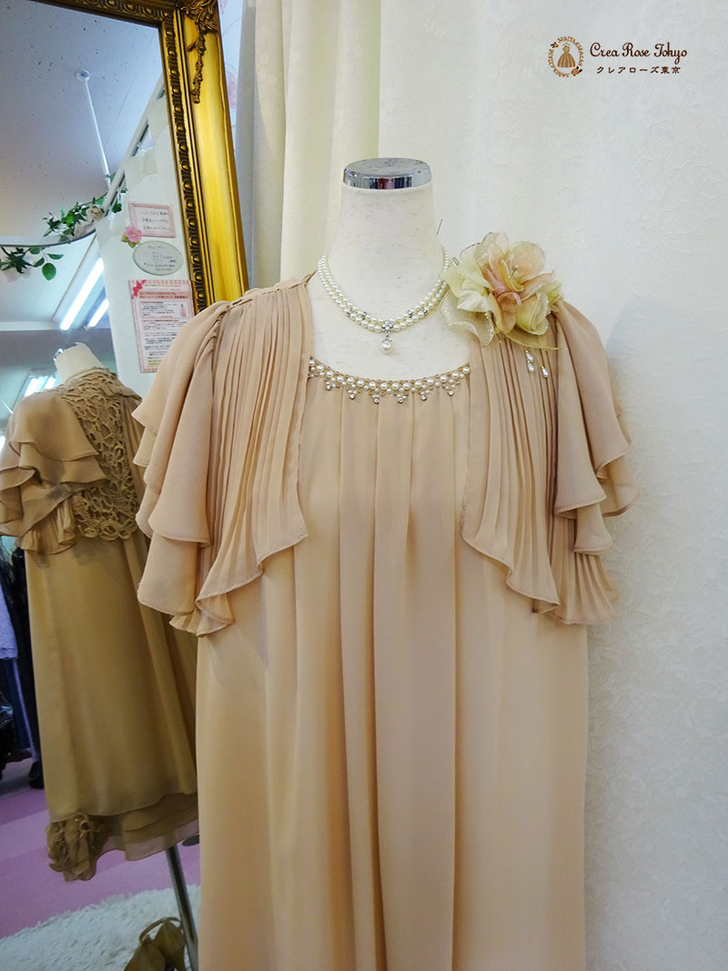 フリーサイズ！清楚なピンクベージュのコーディネート2点セット【エリーゼドレス＋エレガーナボレロ】親族ドレス、叔母様に