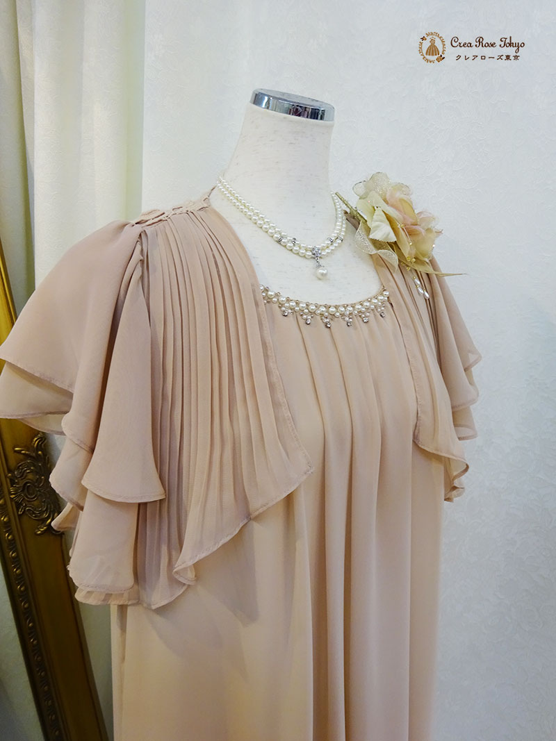 フリーサイズ！清楚なピンクベージュのコーディネート2点セット【エリーゼドレス＋エレガーナボレロ】親族ドレス、叔母様に