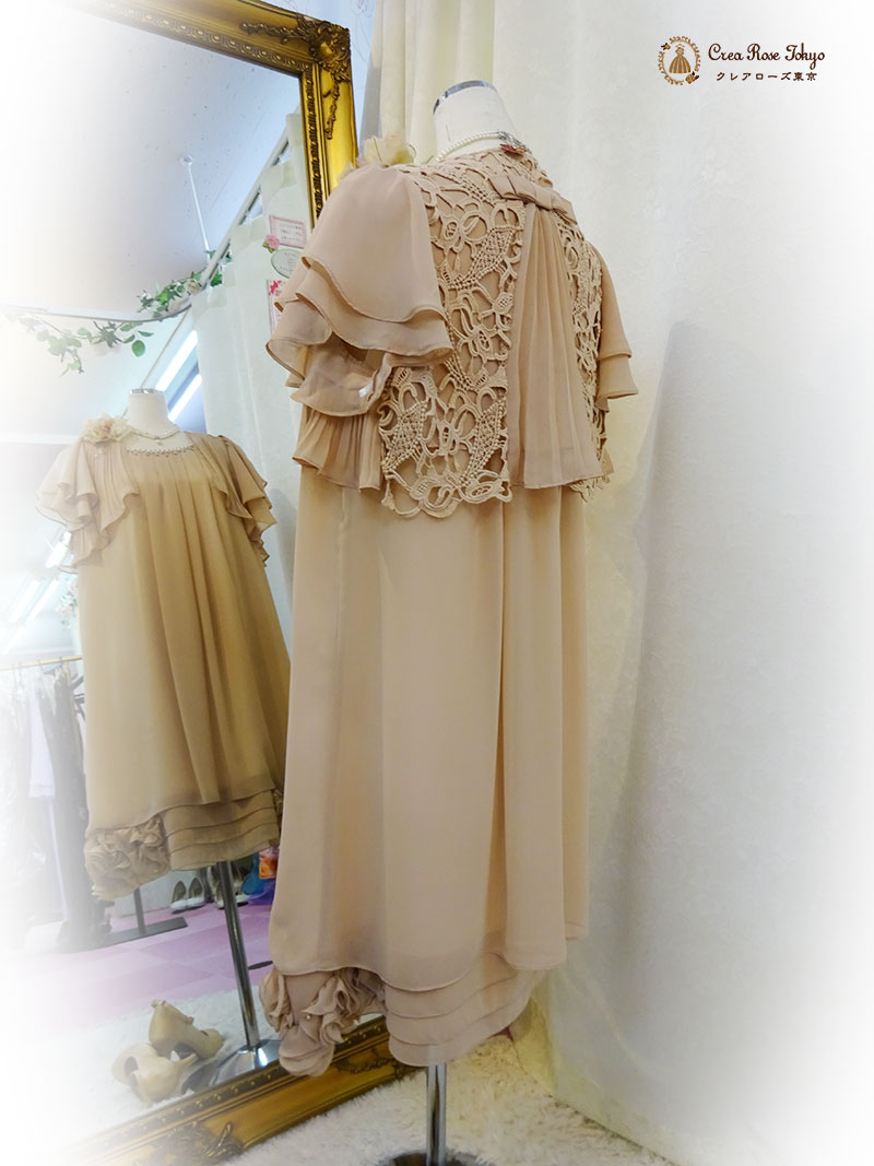 フリーサイズ！清楚なピンクベージュのコーディネート2点セット【エリーゼドレス＋エレガーナボレロ】親族ドレス、叔母様に