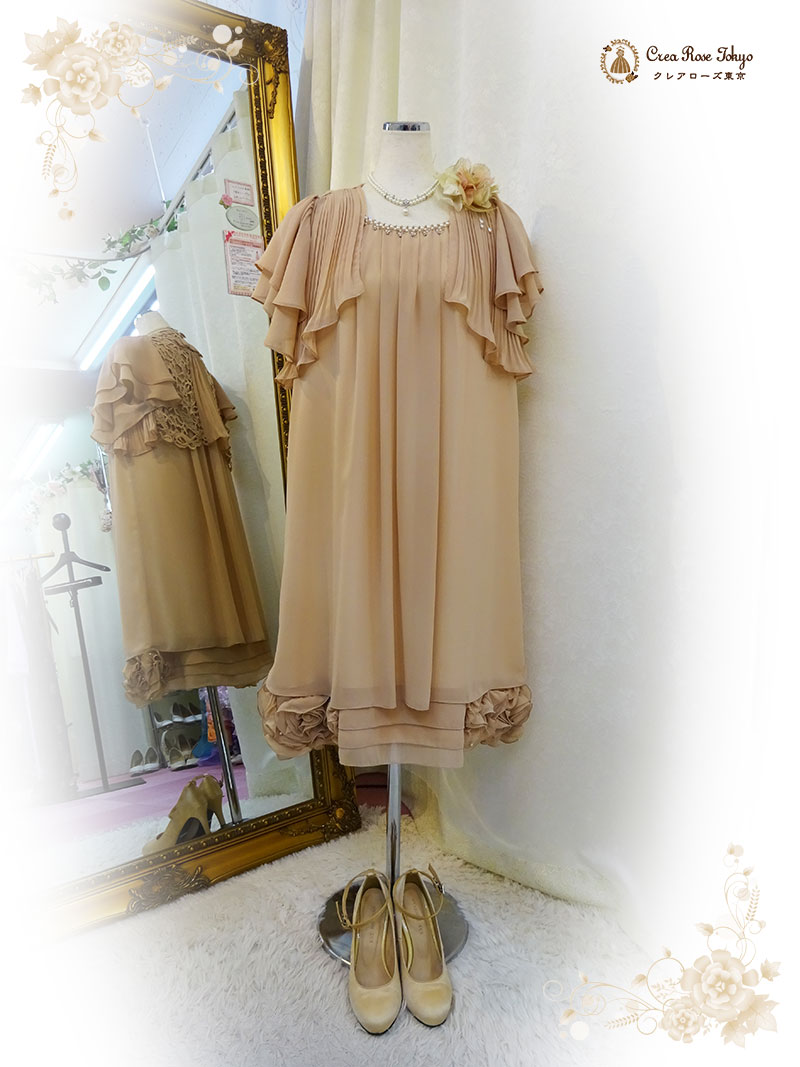 フリーサイズ！清楚なピンクベージュのコーディネート2点セット【エリーゼドレス＋エレガーナボレロ】親族ドレス、叔母様に