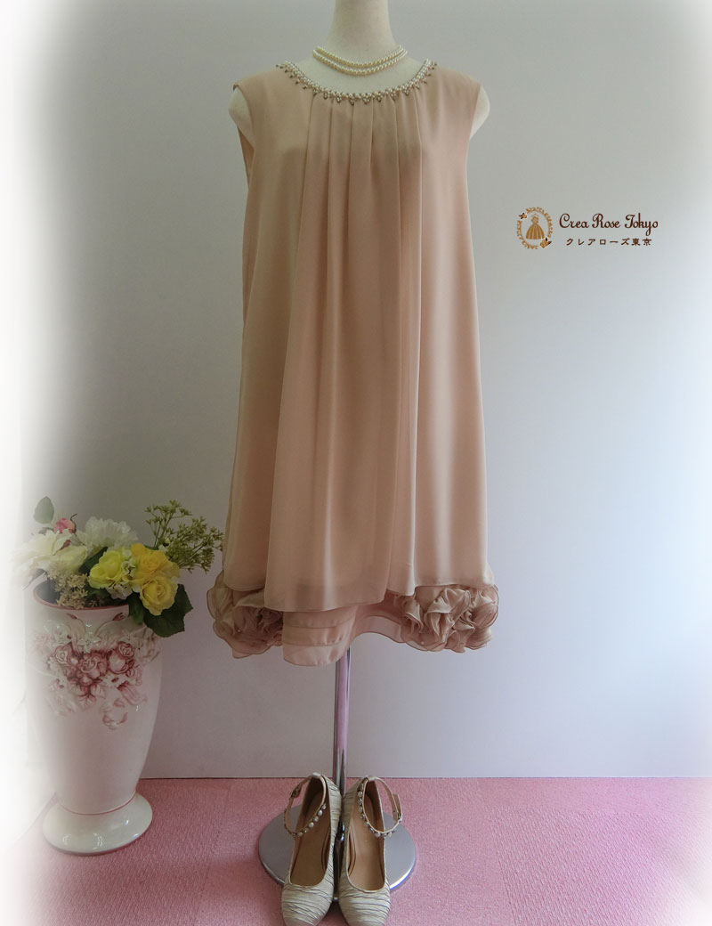 フリーサイズ！清楚なピンクベージュのコーディネート2点セット【エリーゼドレス＋エレガーナボレロ】親族ドレス、叔母様に