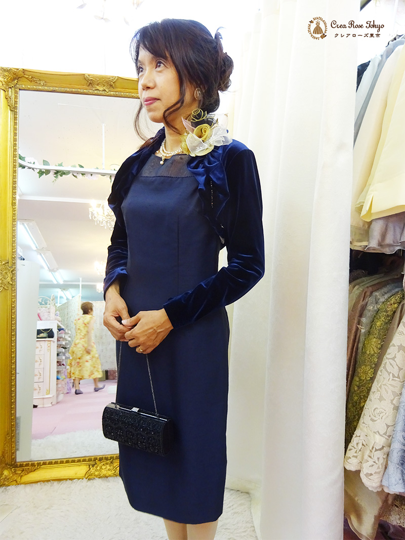 7号の方に！シックな色と形の上品ミディアムドレスのコーディネート2点セット【リディッシュドレス＋ガブリエル・ベロアボレロ】30〜50代のミセスに