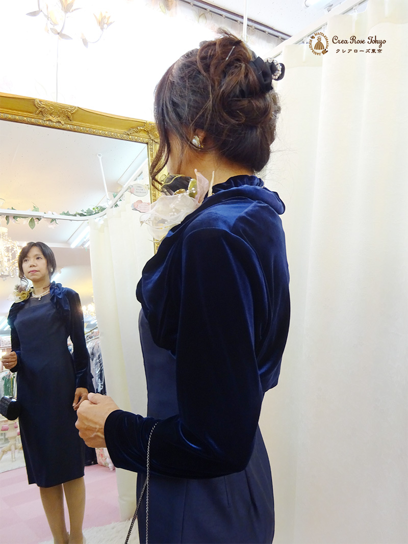 7号の方に！シックな色と形の上品ミディアムドレスのコーディネート2点セット【リディッシュドレス＋ガブリエル・ベロアボレロ】30〜50代のミセスに