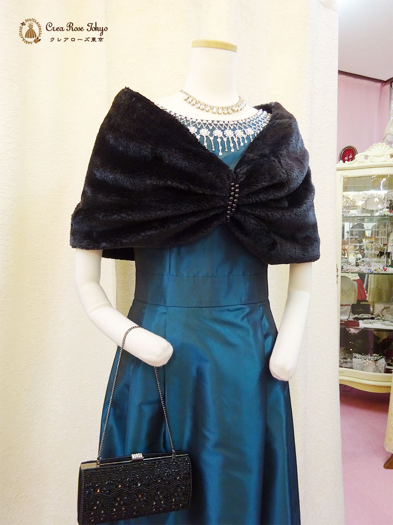 秋冬におすすめ！温かいファー素材のボレロ【リボンブラック】ミセス向け