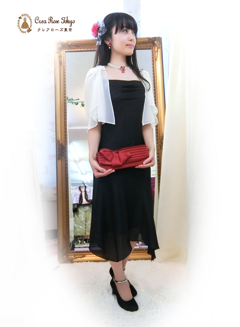 ７号～細身９号コーディネート2点セット！[エレナブラック+ドレープレースホワイトボレロ]ブラックドレス