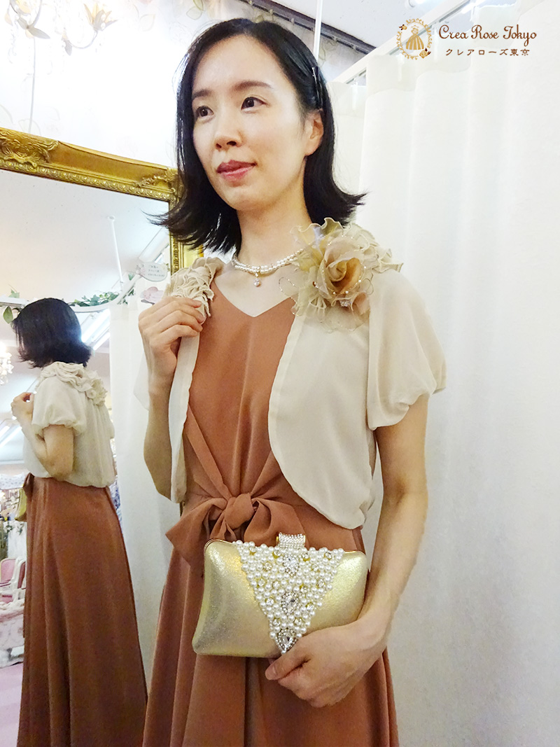 高身長の方におすすめ！オレンジのロングミディアムドレスとクリームカラーボレロのセット【パトリーヌドレス＋ダンテボレロクリーム】30〜50代の結婚式やパーティーに