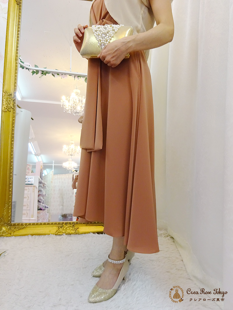 高身長の方におすすめ！オレンジのロングミディアムドレスとクリームカラーボレロのセット【パトリーヌドレス＋ダンテボレロクリーム】30〜50代の結婚式やパーティーに