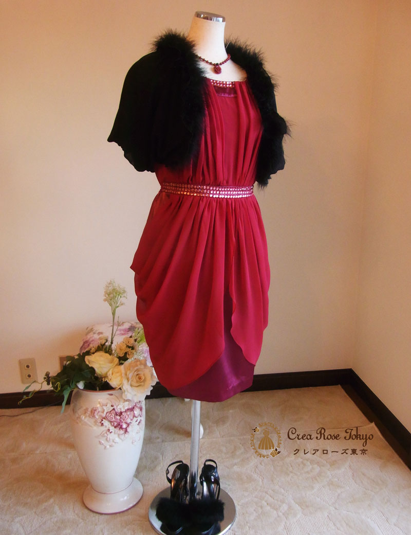 [ヴァンベール]ビジューレッドのワンピースドレス　M～Lサイズ　９号～１１号