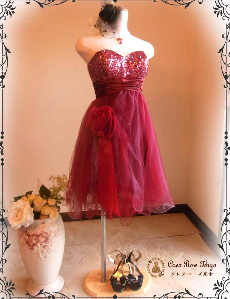 [マリークロエ]オリジナル♪キラキラチュールのパーティードレス：赤