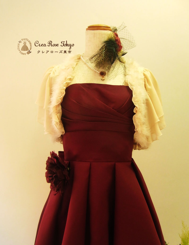 [ドルチェ]深みのある赤、膝丈パーティードレス