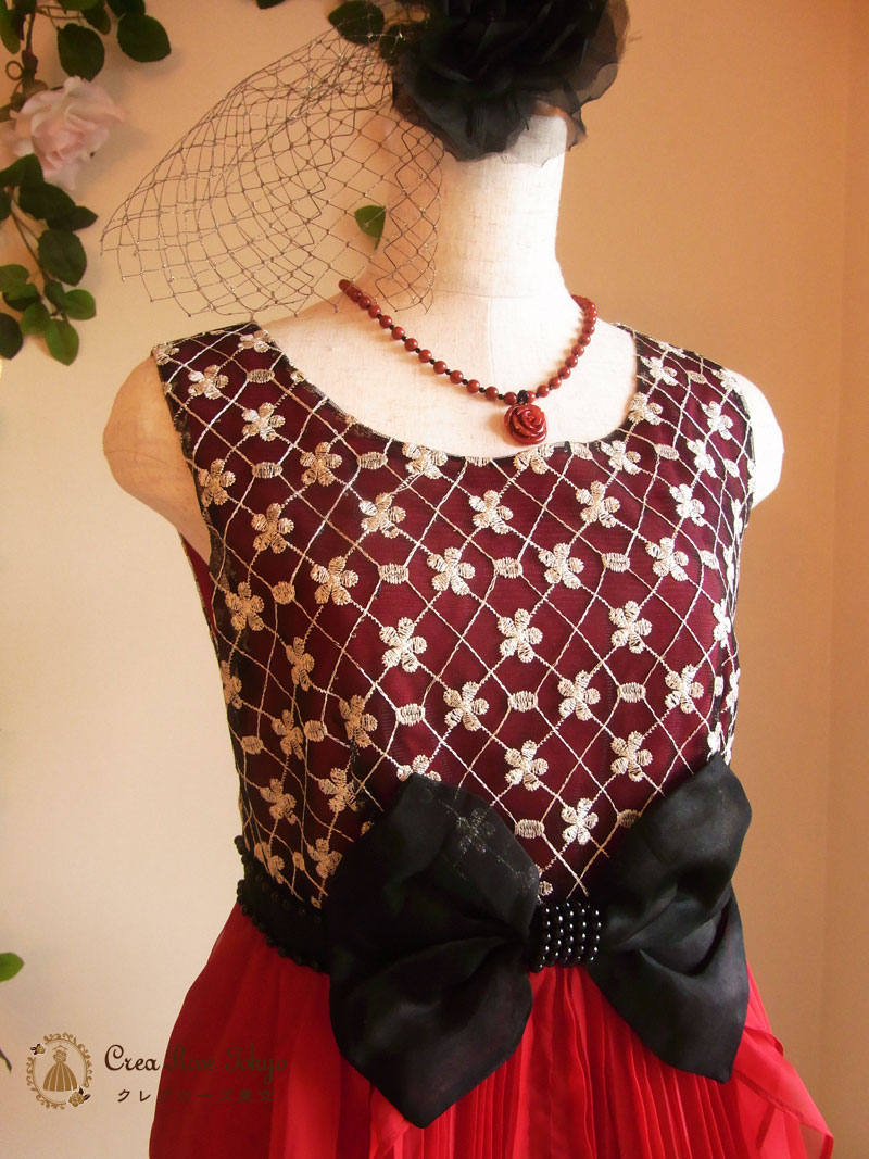 [ベルリーナ]赤×ブラックパーティーワンピースドレス　ゲストドレス　Mサイズ