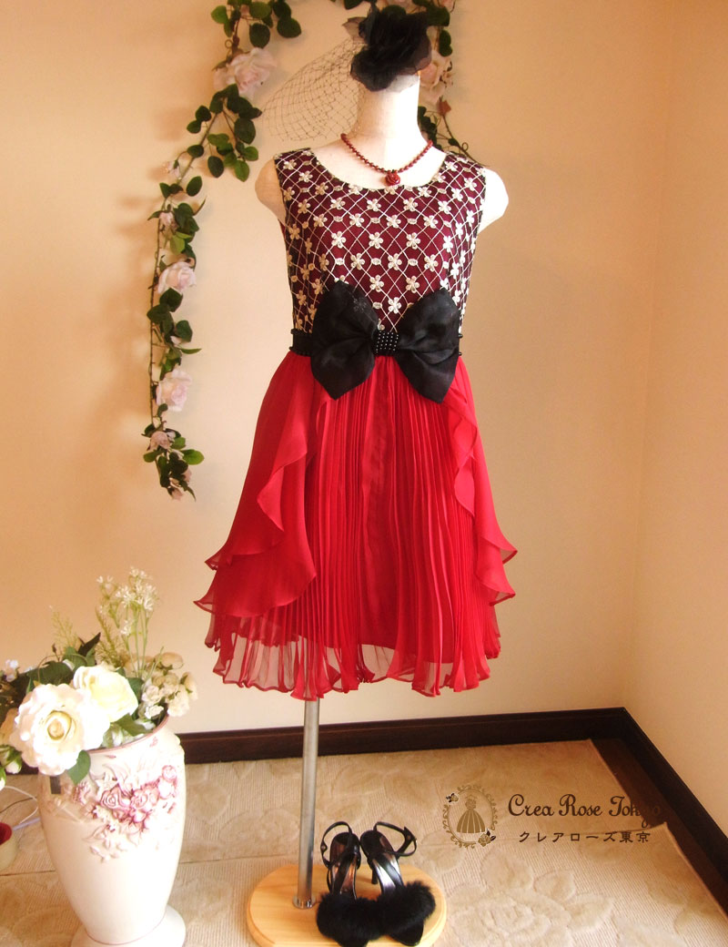 [ベルリーナ]赤×ブラックパーティーワンピースドレス　ゲストドレス　Mサイズ