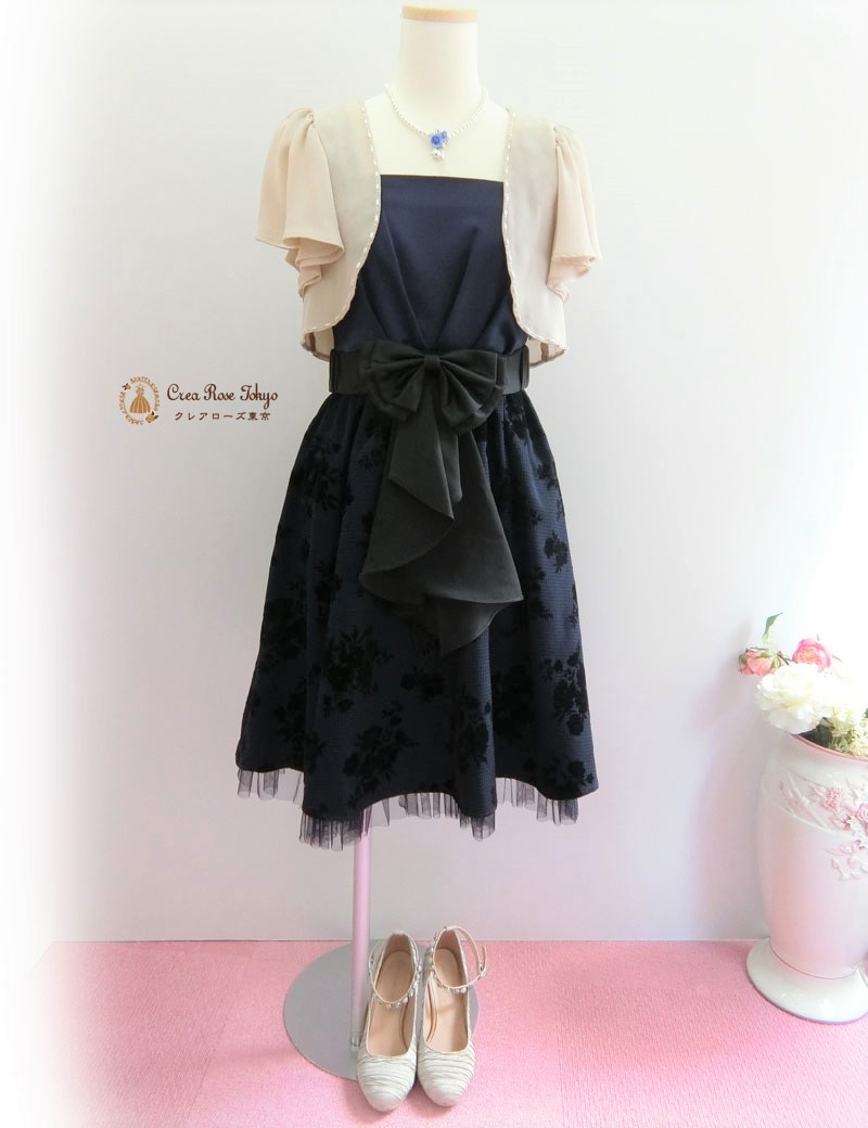 [ロマネスクココ]前も後ろもリボンがかわいいネイビードレス