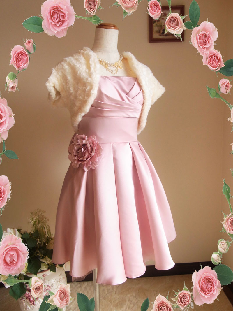 [リズ]ソフトピンクの可愛い編み上げパーティードレス　７～１３号サイズ