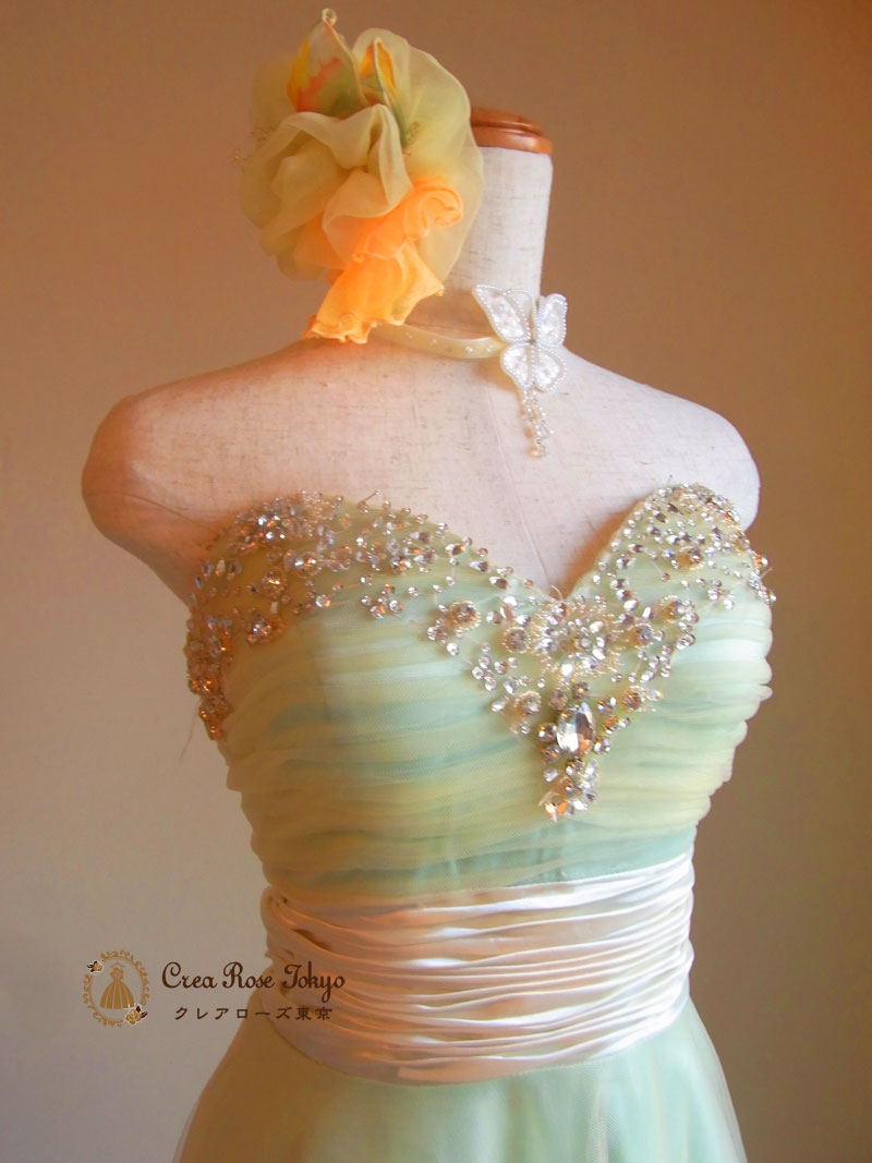 [フェアリーグリーン]ビジュー妖精パーティードレス　S～Lサイズ