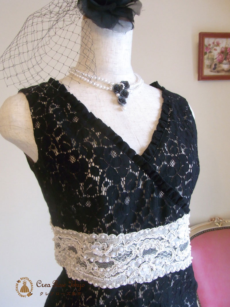 [フローレンス]レストローズのパールブラックワンピースドレス　Mサイズ