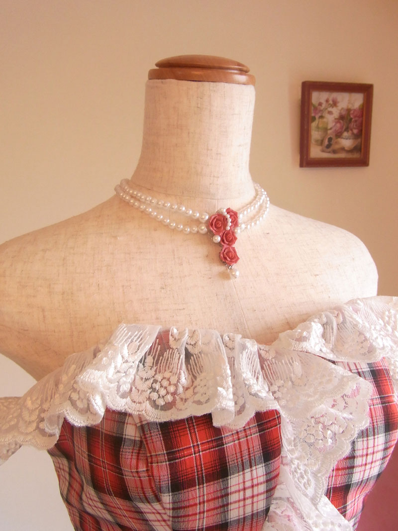 [ミシェルスウィート]チェックが可愛いショートドレス：薔薇付き