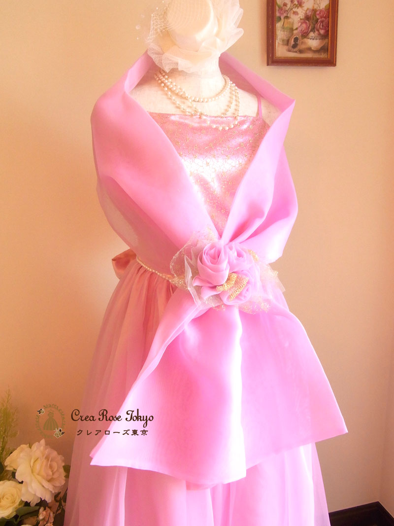 [エレン]ピンクオーガンジーのロングドレス：ショール付き