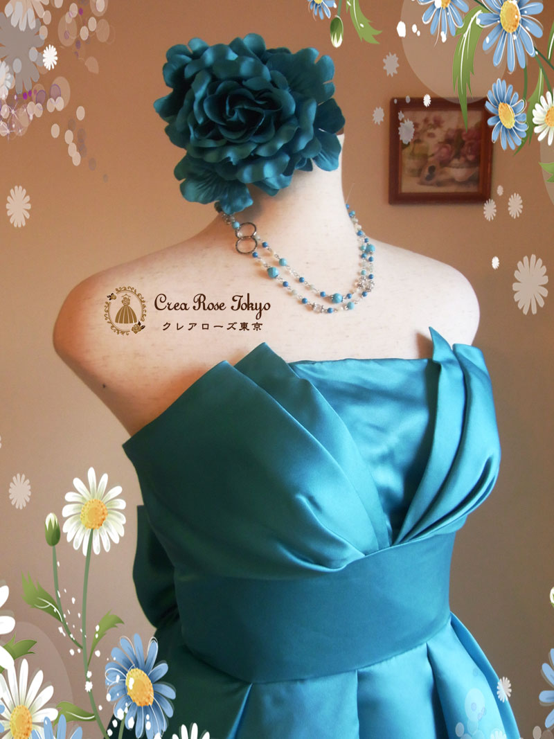 [ブルースカイ]ターコイズカラーの可愛い膝丈パーティードレス　９～１３号サイズ