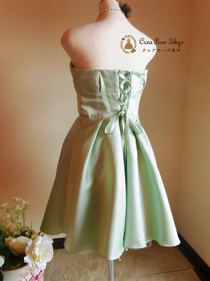 [セシリア]ソフトグリーンの膝丈若草色パーティードレス　7～１３号サイズ