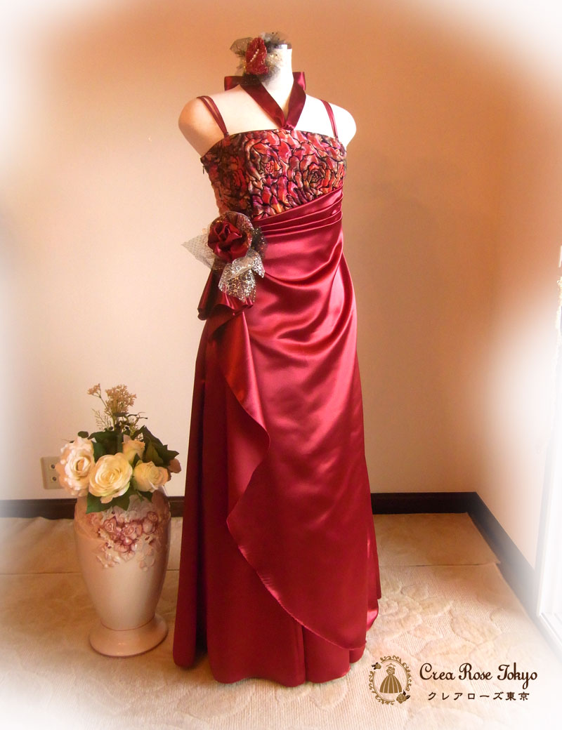 コーディネート二点セット！[ビバレッド+ホワイトパールファーショール]ミセスの方におすすめ　当店オリジナルドレープ赤ロングドレス