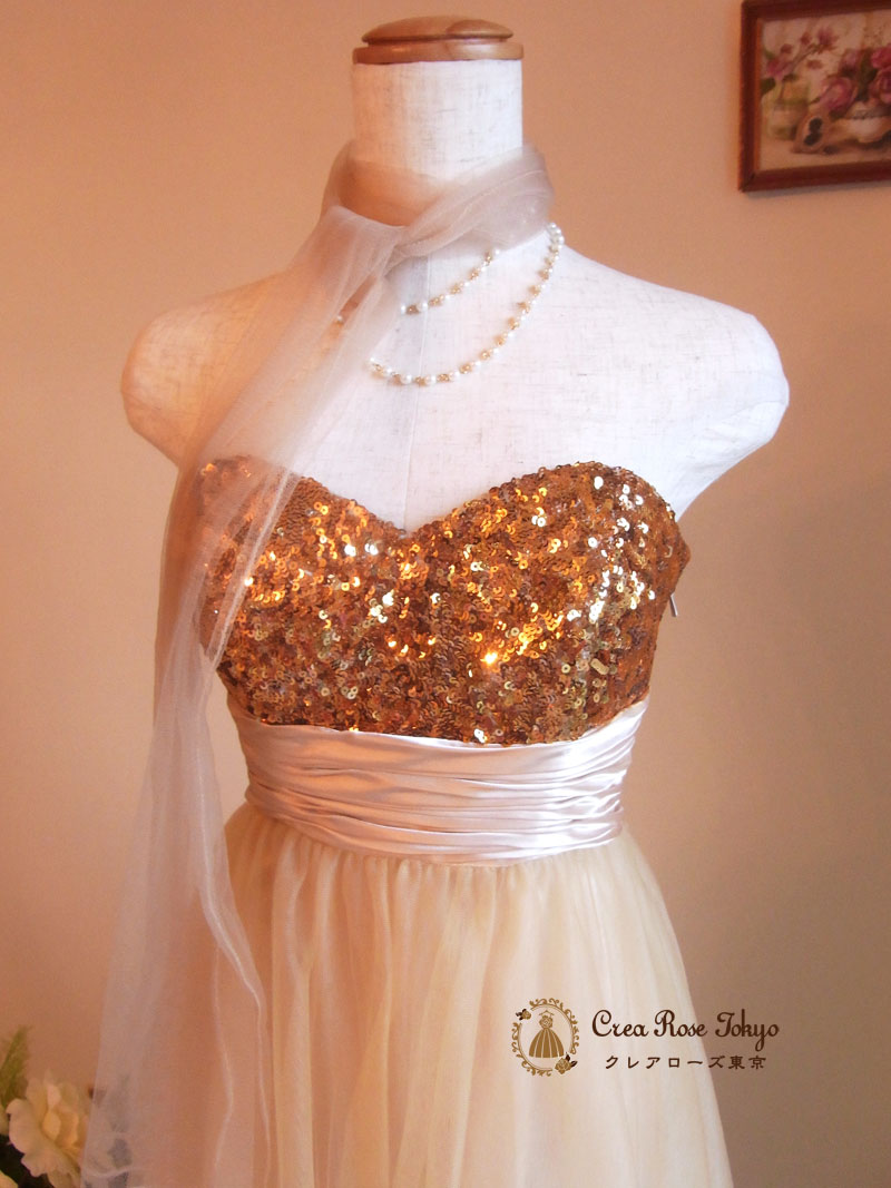 [クレアージュ]ロングシャインベージュドレス　M～L　謝恩会、ステージ向け