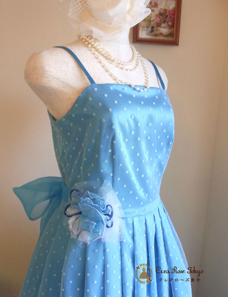 [ロゼット]水玉ブルーのロングドレス：ケープ付き　９号