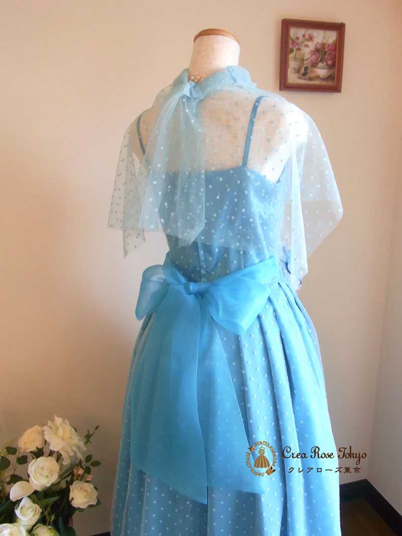 [ロゼット]水玉ブルーのロングドレス：ケープ付き　９号