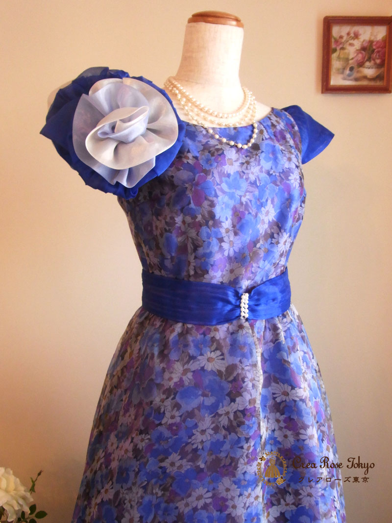 [エリザベス]花柄オーガンジーのブルーロングドレス　９号