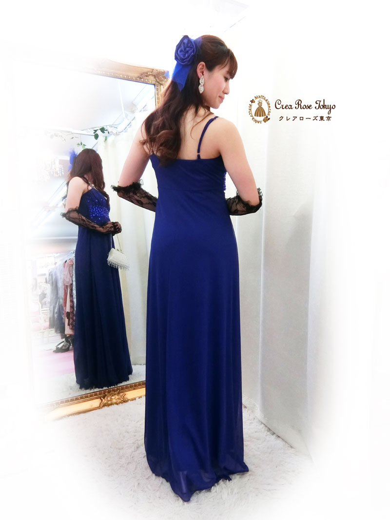 [ケイトブルー]伸縮性ありビジュー青ロングドレス　Ｓ～Ｌサイズ