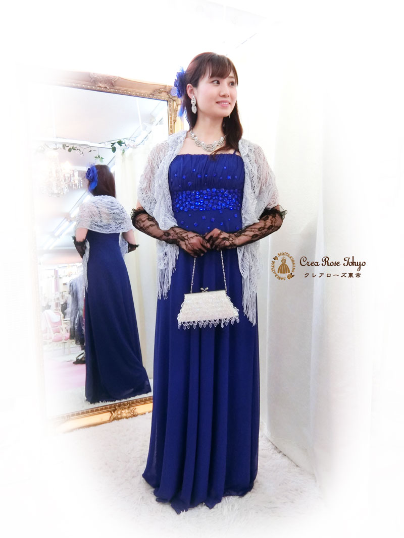 [ケイトブルー]伸縮性ありビジュー青ロングドレス　Ｓ～Ｌサイズ