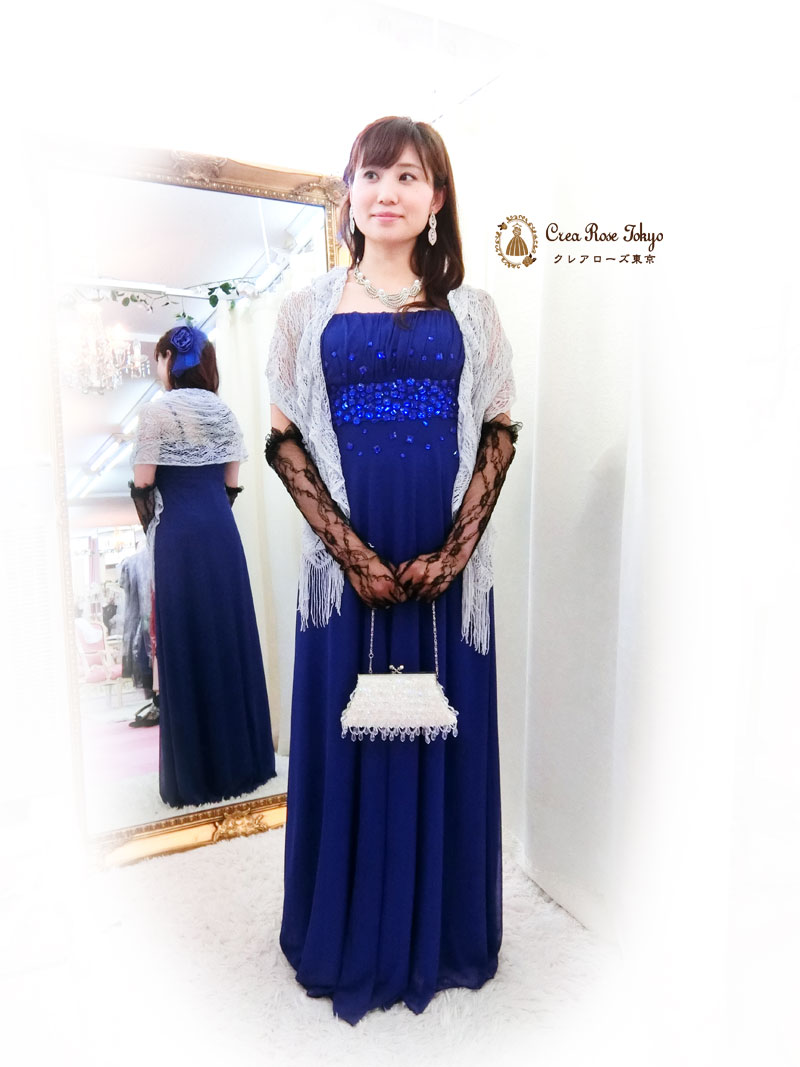 [ケイトブルー]伸縮性ありビジュー青ロングドレス　Ｓ～Ｌサイズ