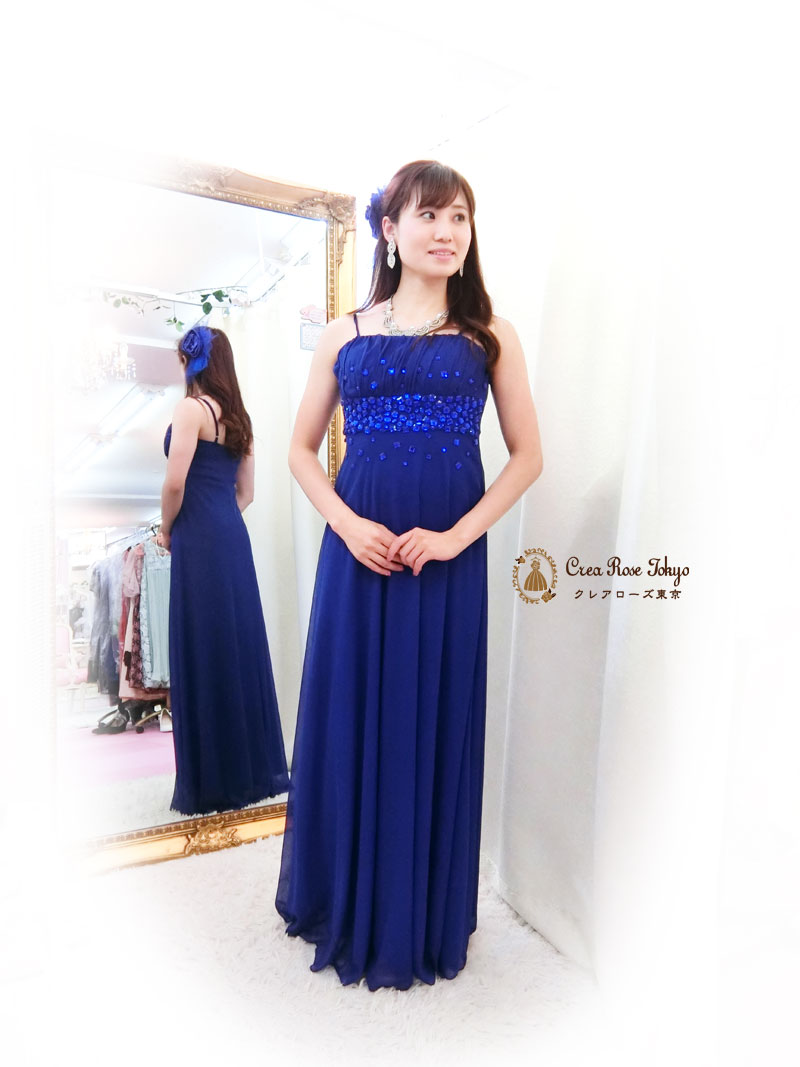[ケイトブルー]伸縮性ありビジュー青ロングドレス　Ｓ～Ｌサイズ