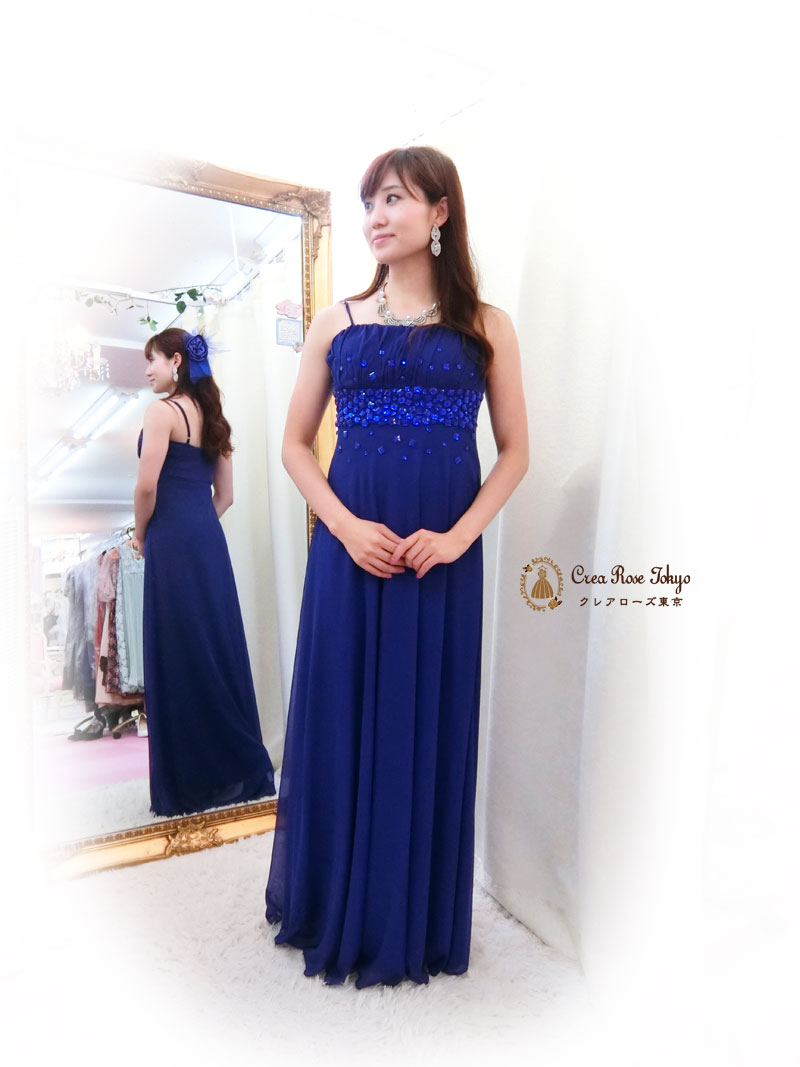 [ケイトブルー]伸縮性ありビジュー青ロングドレス　Ｓ～Ｌサイズ
