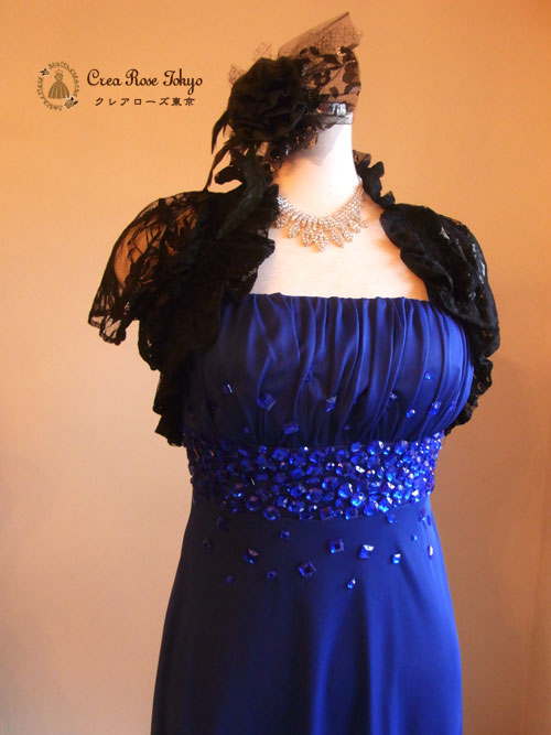 [ケイトブルー]伸縮性ありビジュー青ロングドレス　Ｓ～Ｌサイズ