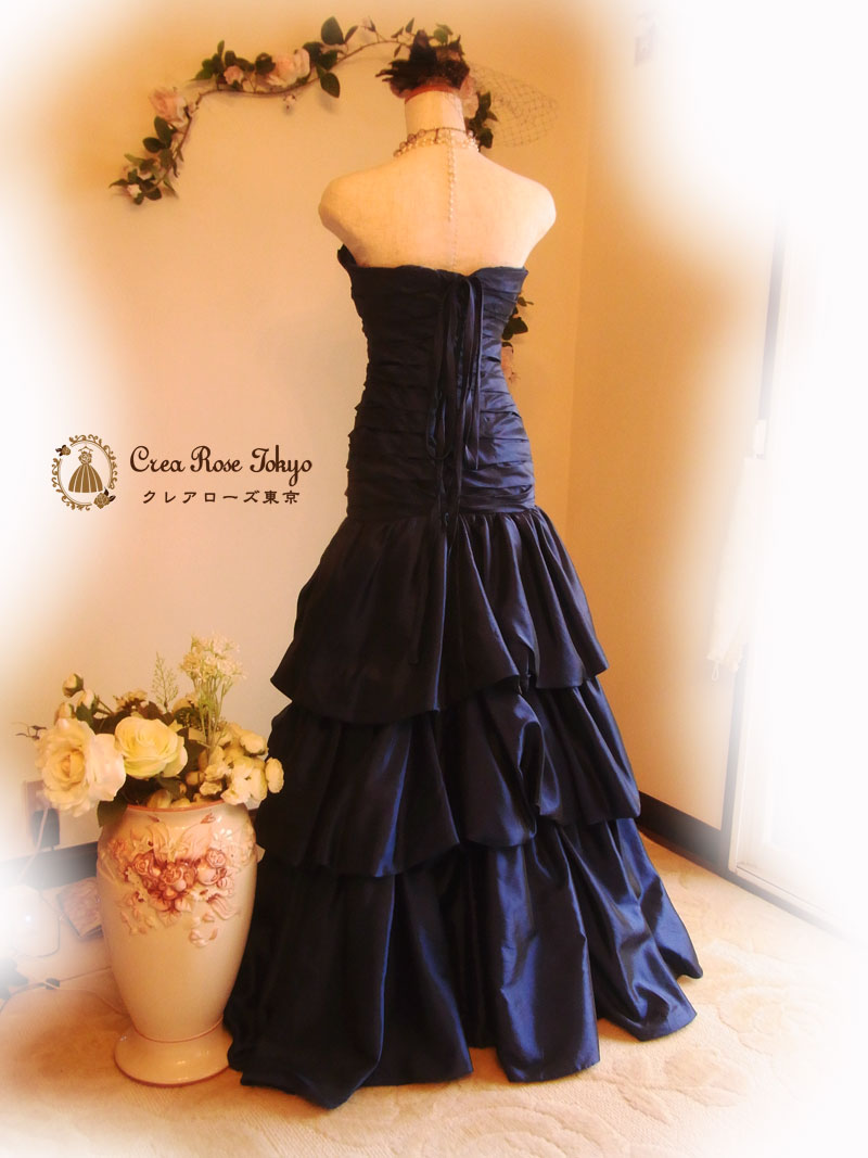 [ロイヤルシェリー]ネイビーの豪華編み上げロングドレス　S～Ｌサイズ　発表会演奏会