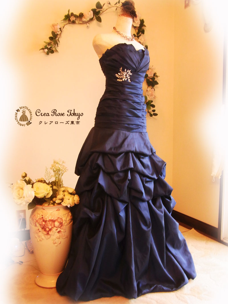 [ロイヤルシェリー]ネイビーの豪華編み上げロングドレス　S～Ｌサイズ　発表会演奏会