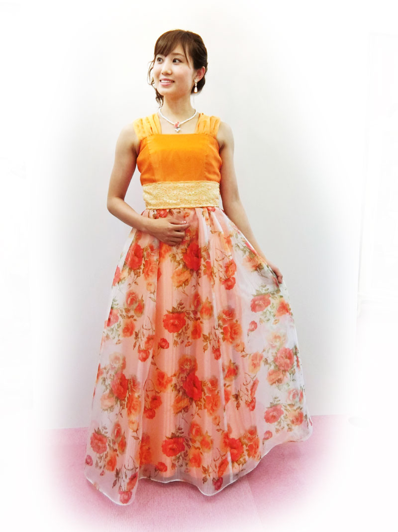 [フランメリー]当店オリジナル♪明るく華やかオレンジ花柄ロングドレス
