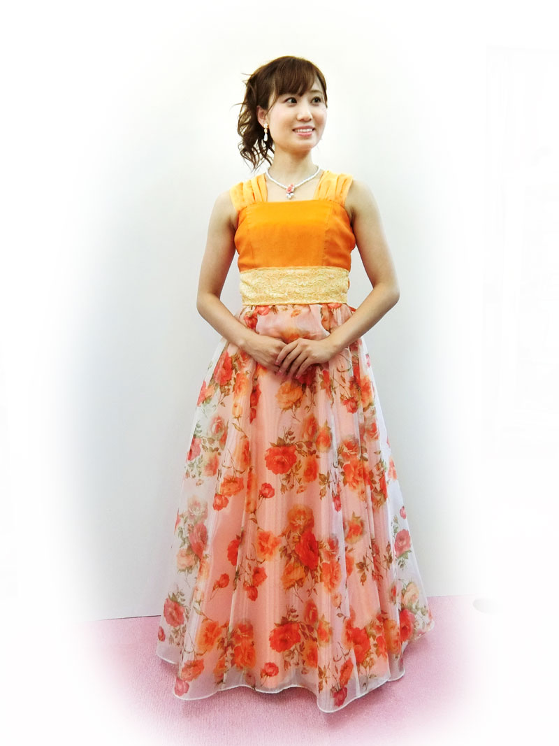 [フランメリー]当店オリジナル♪明るく華やかオレンジ花柄ロングドレス
