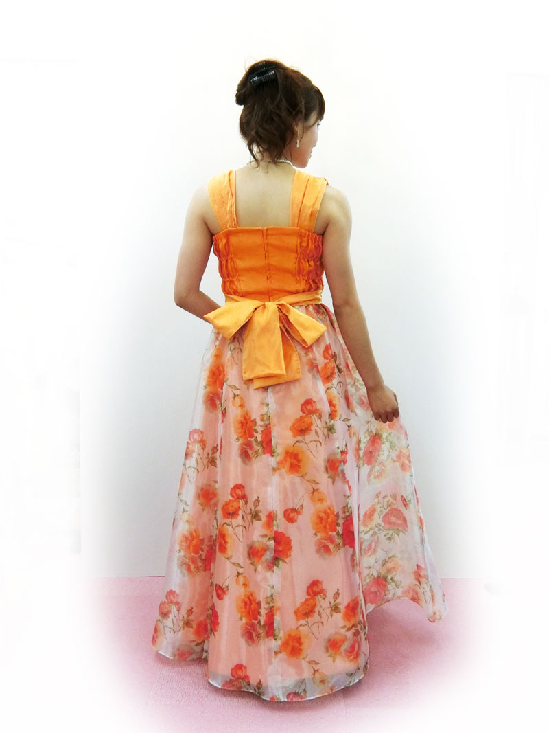 [フランメリー]当店オリジナル♪明るく華やかオレンジ花柄ロングドレス