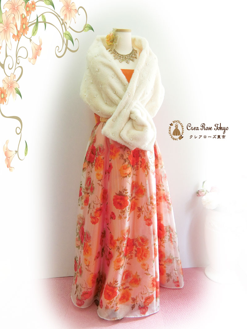 [フランメリー]当店オリジナル♪明るく華やかオレンジ花柄ロングドレス
