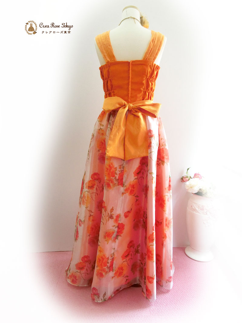[フランメリー]当店オリジナル♪明るく華やかオレンジ花柄ロングドレス