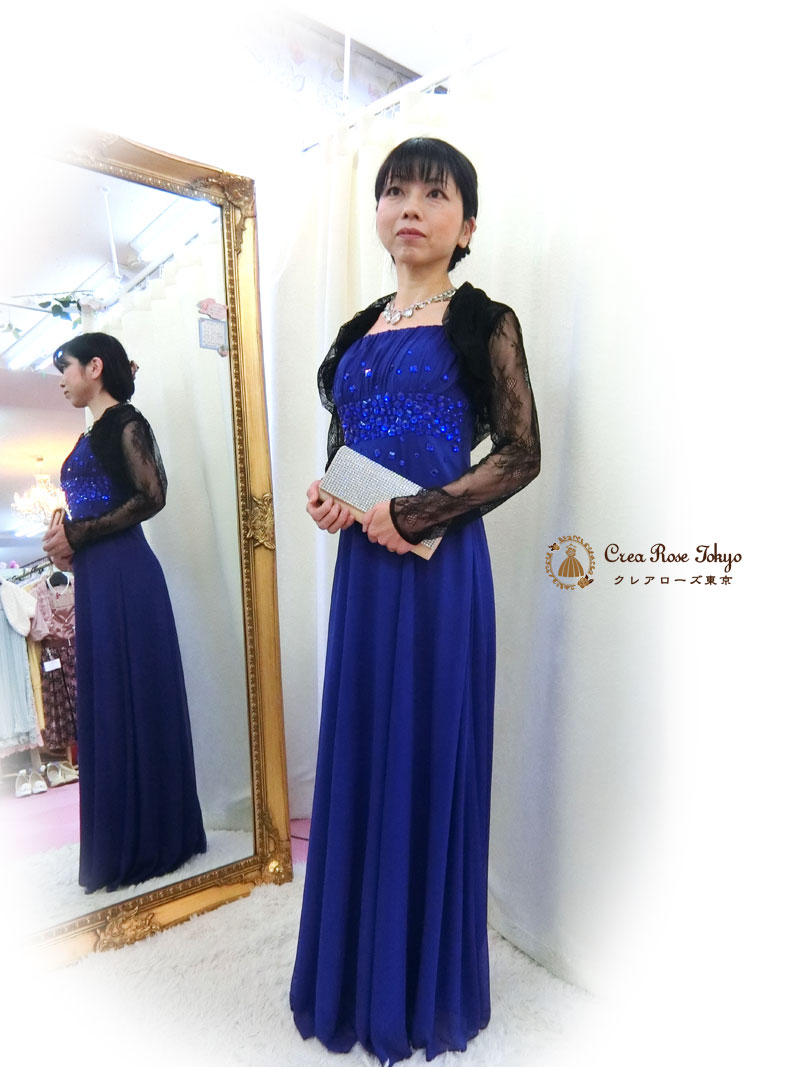 ドレスコーディネートセット[ケイトブルー＋ボレロ]伸縮性ありビジュー青ロングドレス　Ｓ～Ｌサイズ
